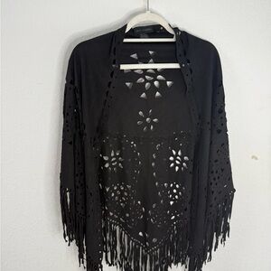 Steve Madden Black Cutout Fringe Poncho